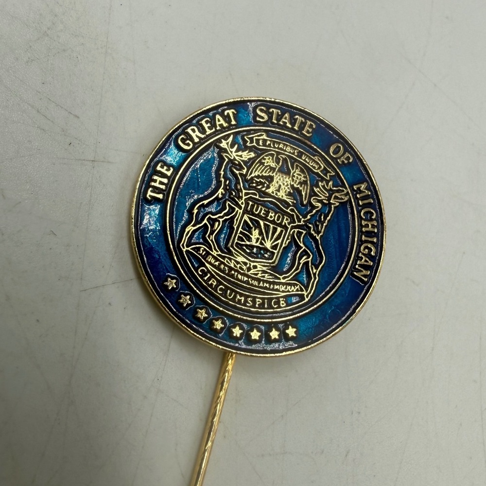 Vintage Michigan State Seal Stick Pin Blue Enamel Gold Tone A Dean Watkins Co
